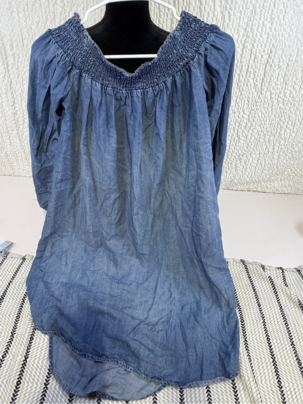 Smocked Off-Shoulder Denim-Look Women’s maternity dress- Blue